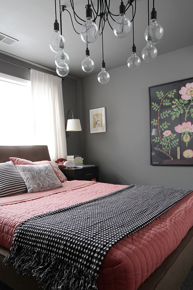 Botanical Print in a Coral and Gray Bedroom with Black and White, Making it Lovely