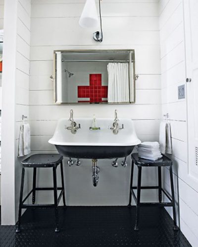 Black and White Bathrom with Red Cross