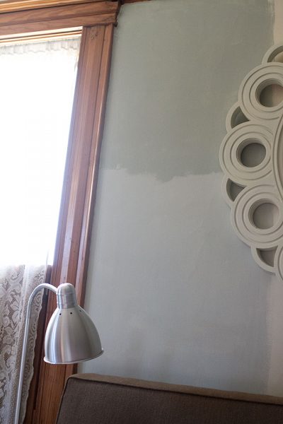 Sea Salt and Comfort Gray Test Paint in the Bedroom