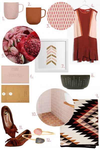 Blush, Caramel, Charcoal, and Rusty Reds and Oranges