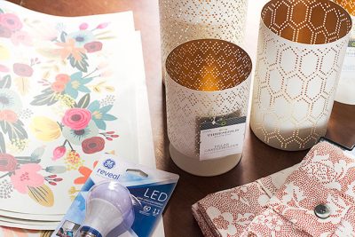 Ge Reveal LED bulb, patterned paper, and candleholders and napkins from Target