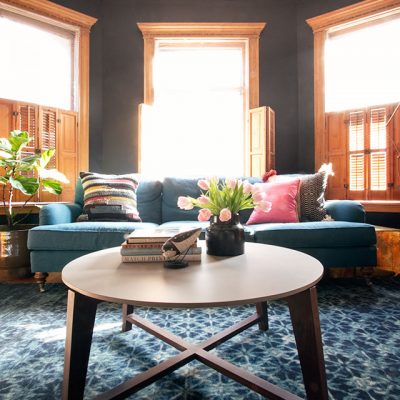 Teal Sofa, Black Walls, Blue Loloi Rug | Making it Lovely