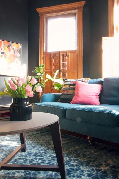 Teal Sofa, Black Walls, Blue Loloi Rug | Making it Lovely