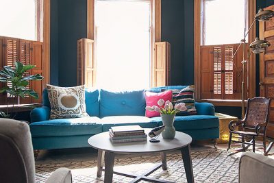 Black Walls, Teal Sofa, Moroccan Rug | Making it Lovely