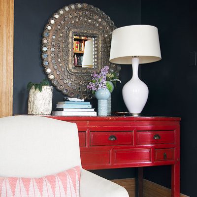Red Console, Peacock Mirror, Black Walls » Making it Lovely