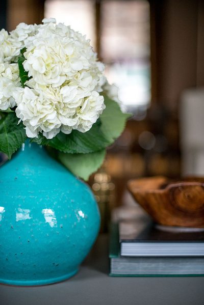 Blue Glazed Vase with Hydrangeas