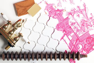 Pink Chinoiserie Wallpaper, Brass, Antique Wood, and Arabesque Lantern Tile