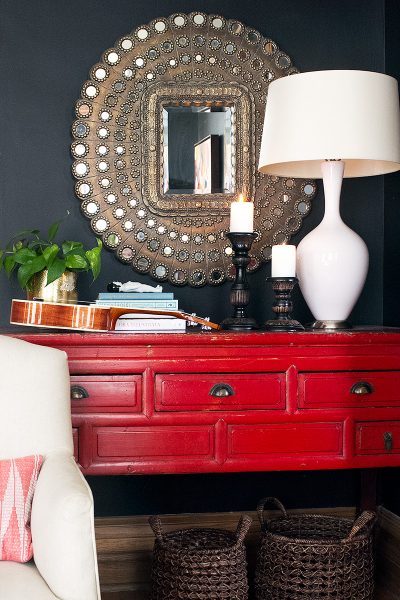 Peacock Mirror and Red Console Table