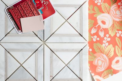 Marble Mosaic Tile and Rifle Paper Co. Peonies Wallpaper