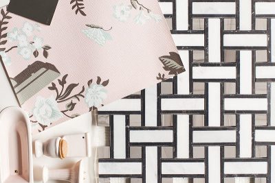 Pink Surveillance Camera Wallpaper with Gray and White Marble Mosaic Tile and Pink Bathroom Fixtures