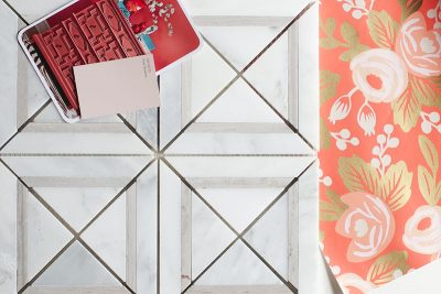 Marble Mosaic Tile and Rifle Paper Co. Peonies Wallpaper