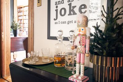 Polka Dot Decanters, Guarded by Pink Sequin Liberace Nutcracker