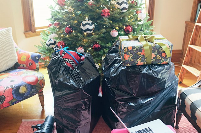 Bags of Fake Presents for a Christmas Photo Shoot
