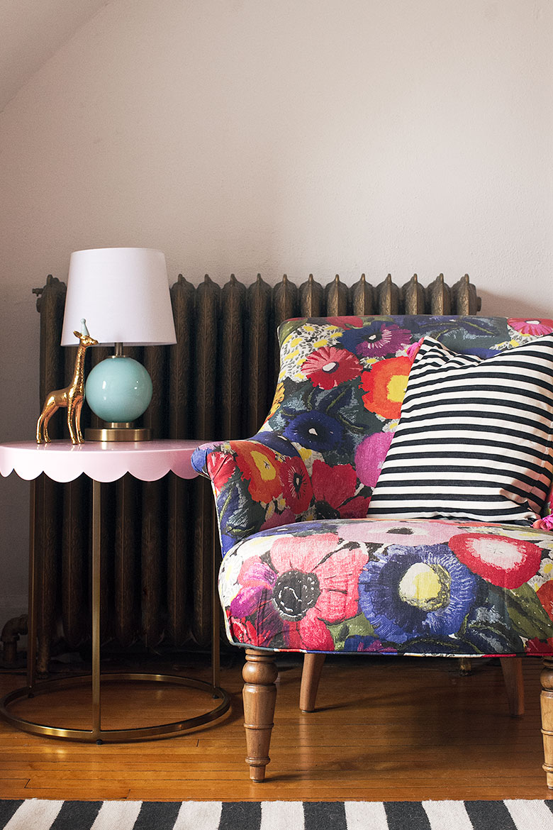 Colorful Chair, Striped Pillow, and Pink Target Pillowfort Scalloped Side Table | Making it Lovely