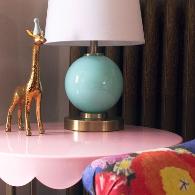 Pink Scalloped Side Table and Aqua Glass Lamp
