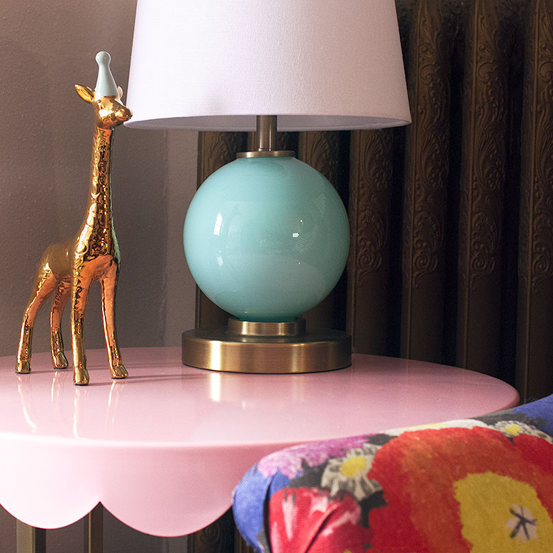 Pink Scalloped Side Table and Aqua Glass Lamp