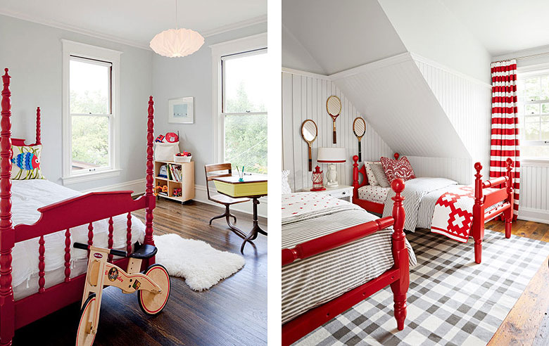 Red Painted Vintage Wooden Kids Twin Beds