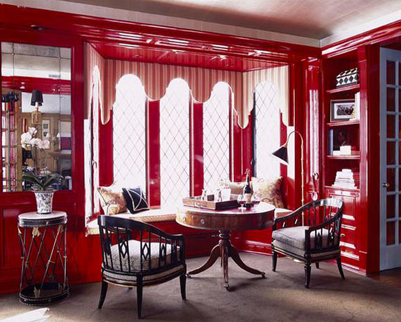 Ruthie Sommers' Red Library with Built-in Lacquered Bookshelves
