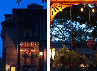 Making it Lovely's Back Porch at Night, with String Lights