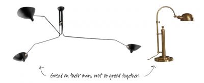 Serge Mouille Chandelier and Barclay Task Lamp: Great on their own, not so great together.