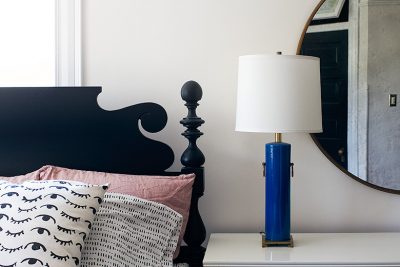 Turquoise Table Lamp, Black Cannonball Bed