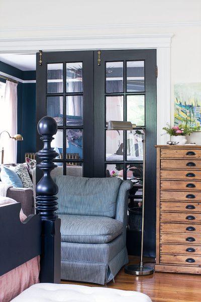 Vintage Slipper Chair Next to French Doors in the Bedroom | Making it Lovely's One Room Challenge Bedroom