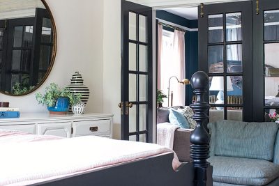 Vintage Slipper Chair Next to French Doors in the Bedroom | Making it Lovely's One Room Challenge Bedroom