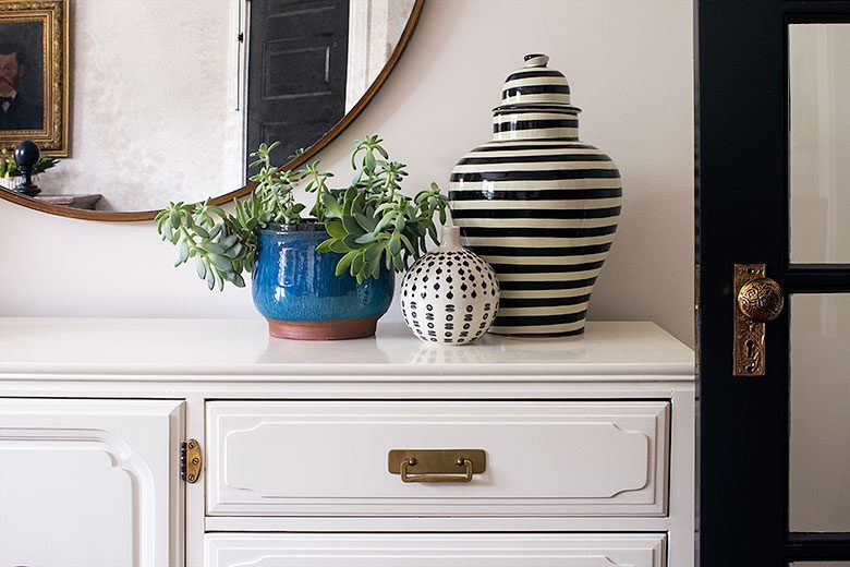 A Plant, A Vase, and a Striped Ginger Jar on the Dresser | Making it Lovely's One Room Challenge Bedroom