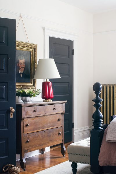 Vintage Wooden Dresser Between Black Painted Doors in the Bedroom | Making it Lovely's One Room Challenge Bedroom