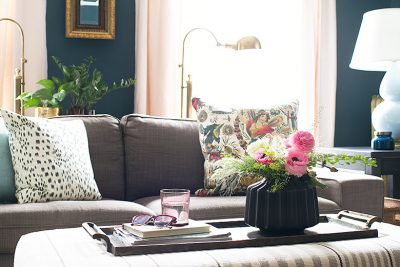 Striped Rug Ottoman from Annie Selke Furniture | Making it Lovely's One Room Challenge Den