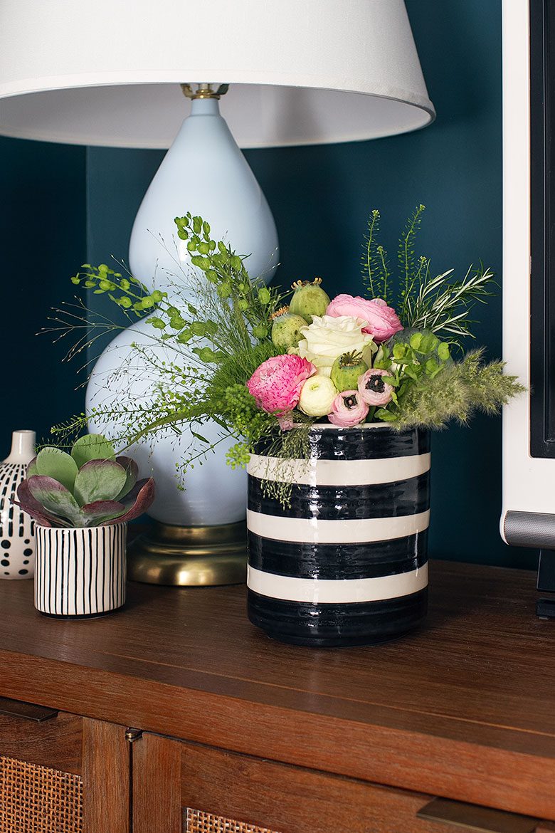 Light Blue Gourd Lamp from Lamps Plus and a Black and White Striped Planter as a Vase | Making it Lovely's One Room Challenge Den