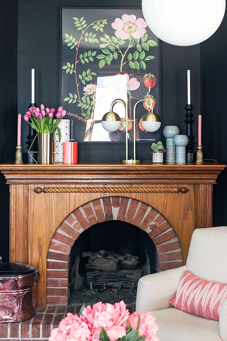 Making it Lovely's Fireplace in #thelovelyvictorian with a Cedar & Moss Double Table Lamp from Rejuvenation