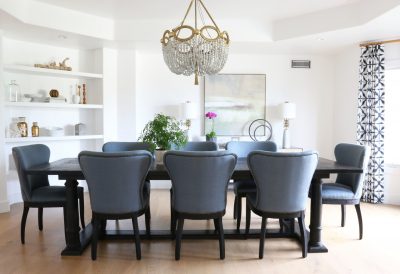 Dining Room with Blue Restoration Hardware Wingback Chairs by Studio McGee