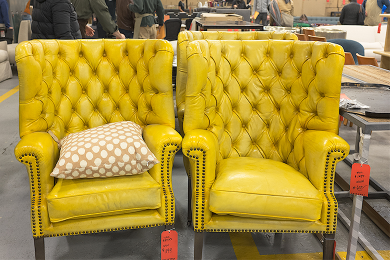 Jayson Home Warehouse Sale | Yellow Leather Tufted Armchairs