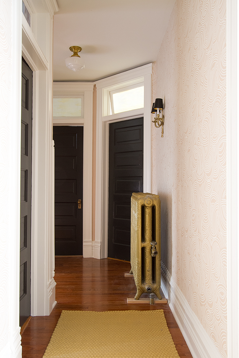 Black Doors, Tourbillon Farrow & Ball Wallpaper, Victorian Hallway | Making it Lovely, One Room Challenge