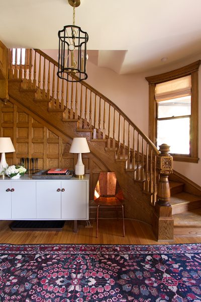Oak-Paneled Victorian Staircase and Front Entry with Curved Window | Making it Lovely, One Room Challenge