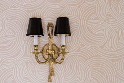 Brass Rope and Tassel Crystorama Sconce on Pink Farrow & Ball Wallpaper | Making it Lovely, One Room Challenge