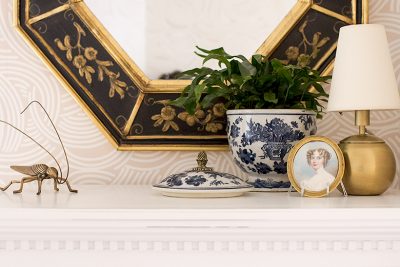 Vintage Mirror from South Loop Loft, Arteriors Brass Grasshopper, Chairish Vintage Portrait, Bellacor Visual Comfort Tiny Terri Brass Lamp, Joss & Main Dresser | Making it Lovely, One Room Challenge