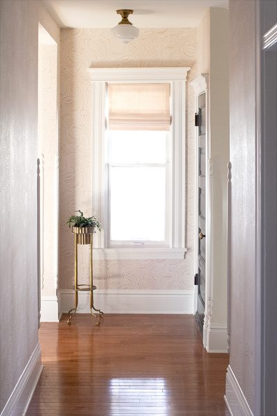 Pink roman shade from The Shade Store, Farrow & Ball Tourbillon Wallpaper, Schoolhouse Electric brass light | Making it Lovely, One Room Challenge