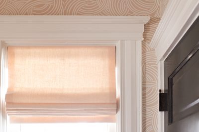 Pink Linen Roman Shades from The Shade Store, pink Tourbillon Farrow & Ball wallpaper, black doors, white trim | Making it Lovely, One Room Challenge