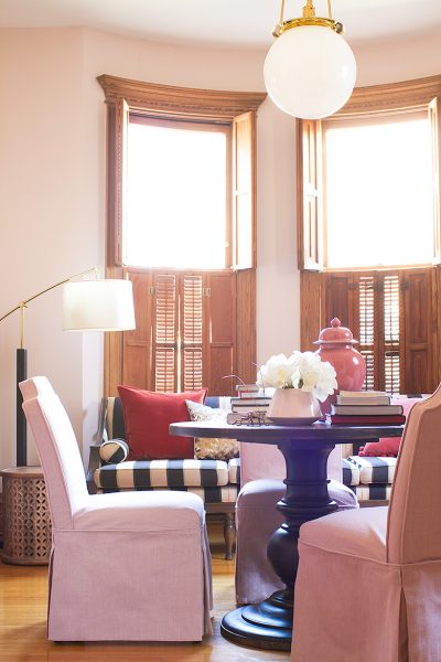 Home Library with Pink Chairs | Making it Lovely