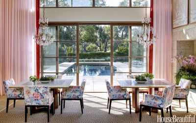 Sheer Pink Curtains with Red Trim - Dining Room Design by Chloe Warner, House Beautiful