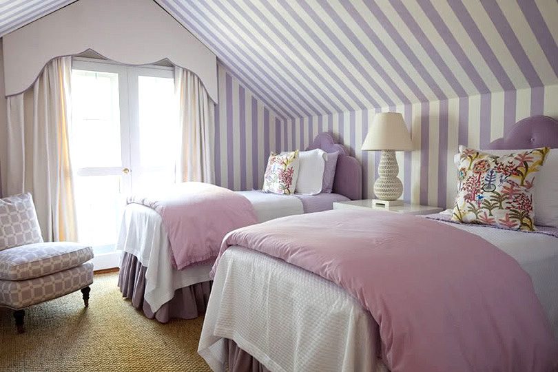 Purple Striped Wallpaper and Two Twin Beds in an Attic Bedroom, Design by Phoebe Howard