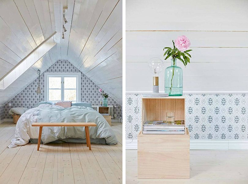 Wallpapered Attic Bedroom with Planked / Shiplap Ceiling