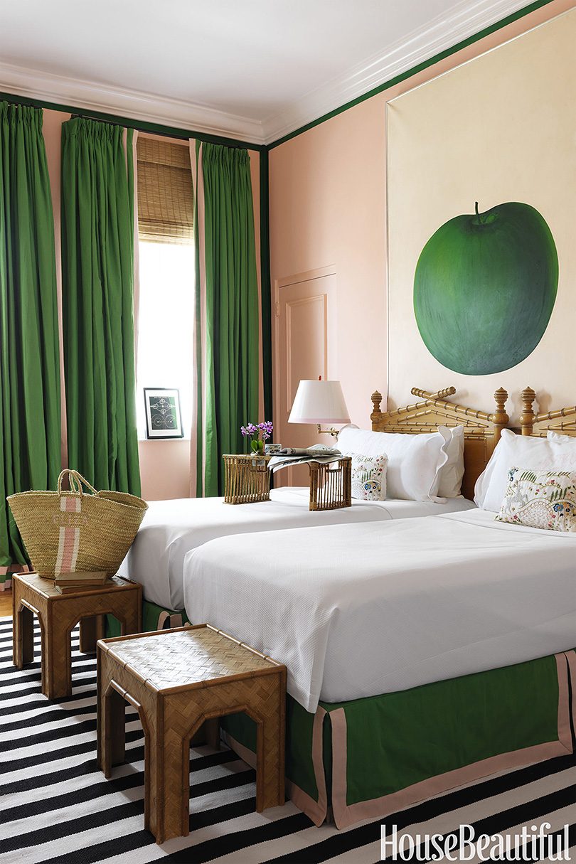 Pink and Green Bedroom with Striped Rug