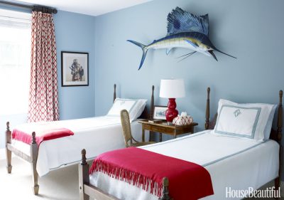 Red and Light Blue Bedroom, Meg Braff, House Beautiful