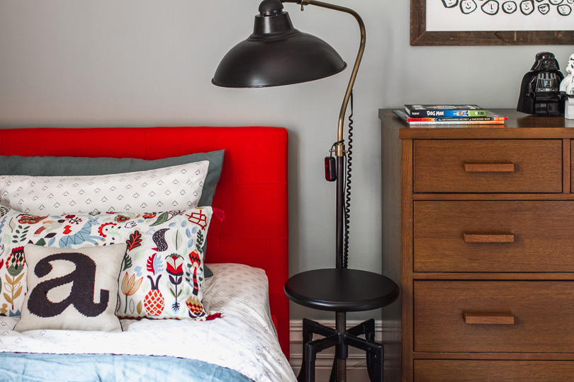 Red Upholstered Bed, Industrial Floor Lamp | Making it Lovely