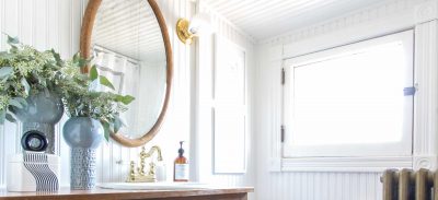 Bathroom with Wood Dresser and Hand-Painted Tumbling Blocks Floor | Making it Lovely