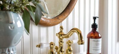 Bathroom with Wood Dresser and Hand-Painted Tumbling Blocks Floor | Making it Lovely
