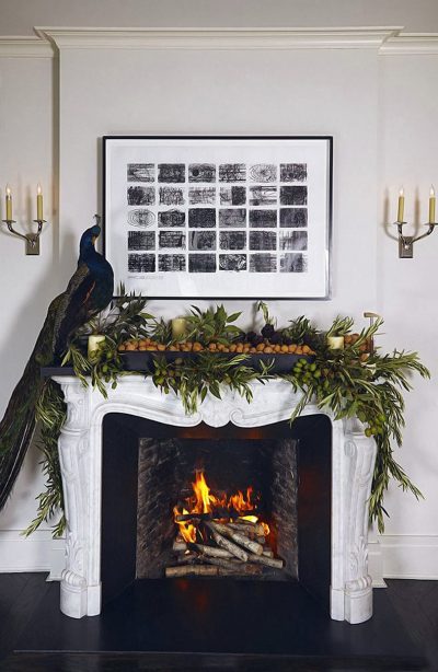 Christmas Taxidermy Peacock on a Fireplace Mantel — Lonny